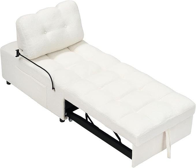 Modern Teddy Fabric Sofa Bed Futon3 in 1 Convertible Pullout Bed Couches with 3 Reclining BackrestsPhone StandSmall Sofa Single Sleeper Chair Bed for Living Room Bedroom (Beige)