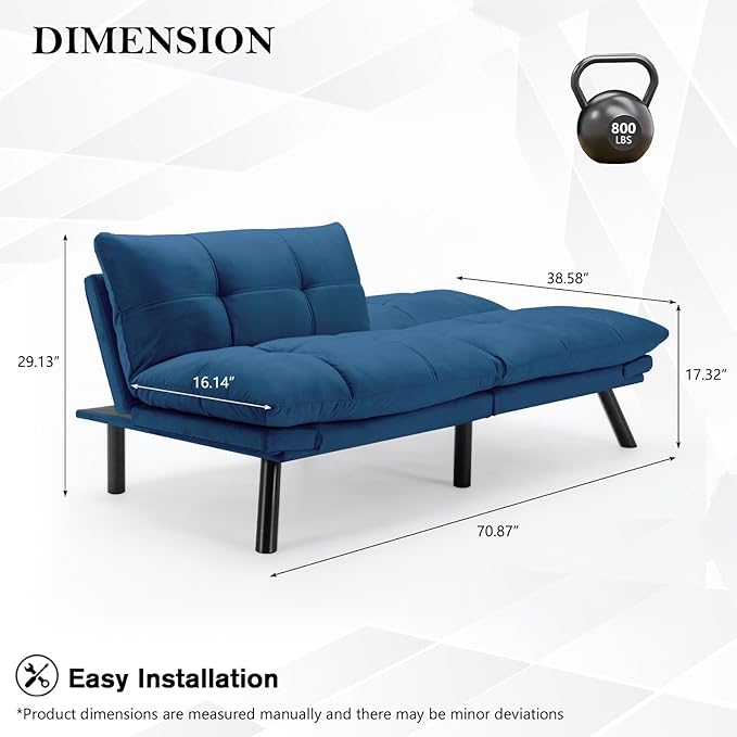 KINFFICT Convertible Futon Sofa Couch Bed Modern Memory Foam Sleeper Loveseat Sofa with Adjustable Armrests &amp Backrests Comfy Love Seat for Living Room Bedroom Office Apartment Small Space