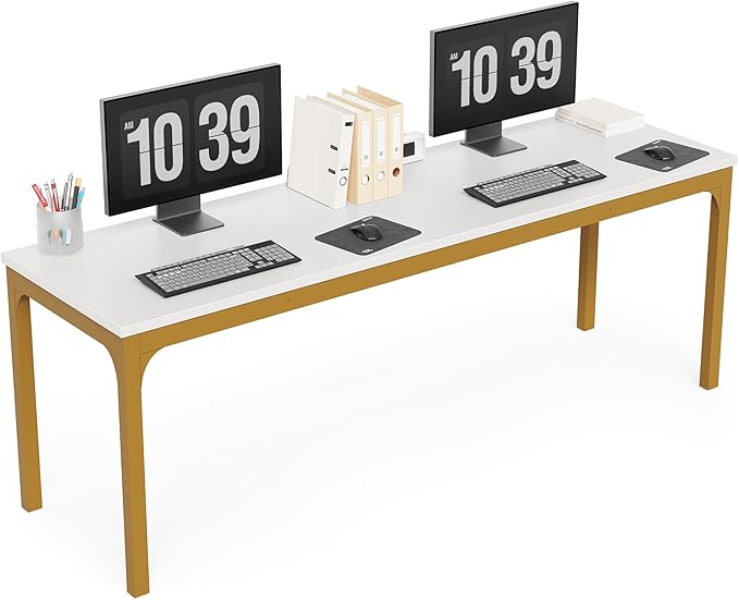 LITTLE TREE 78.7-Inch Ultra Long Two-Person Desk Writing Gaming Work Computer Double Desk for Home Office White + Gold