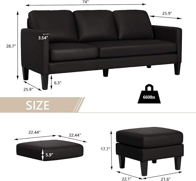 Leather L-Shaped Faux Leather Sofa Couch - Convertible Sectional Sofa - 3 Seat Couch with Chaise - Black