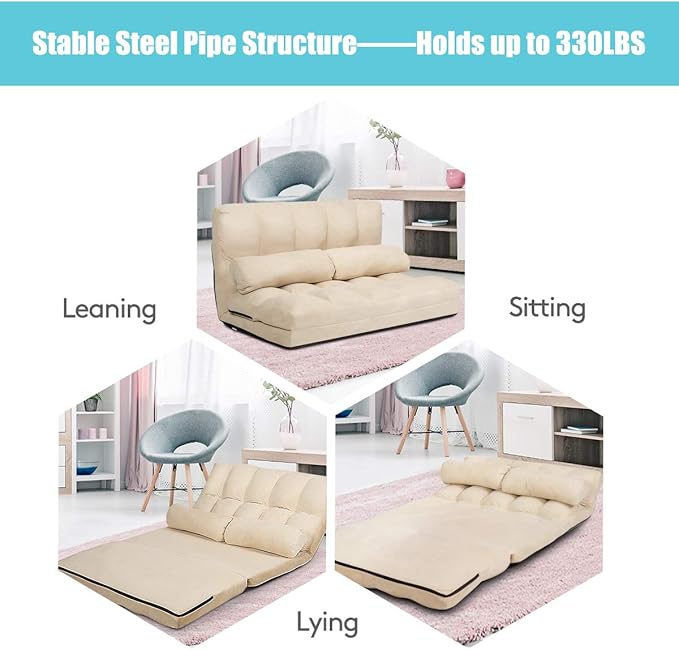 Giantex Beige Adjustable Floor Sofa 6-Position Reclining Foldable Lazy Sofa Sleeper Bed Suede Cloth Cover 71 x 44.5 x 23