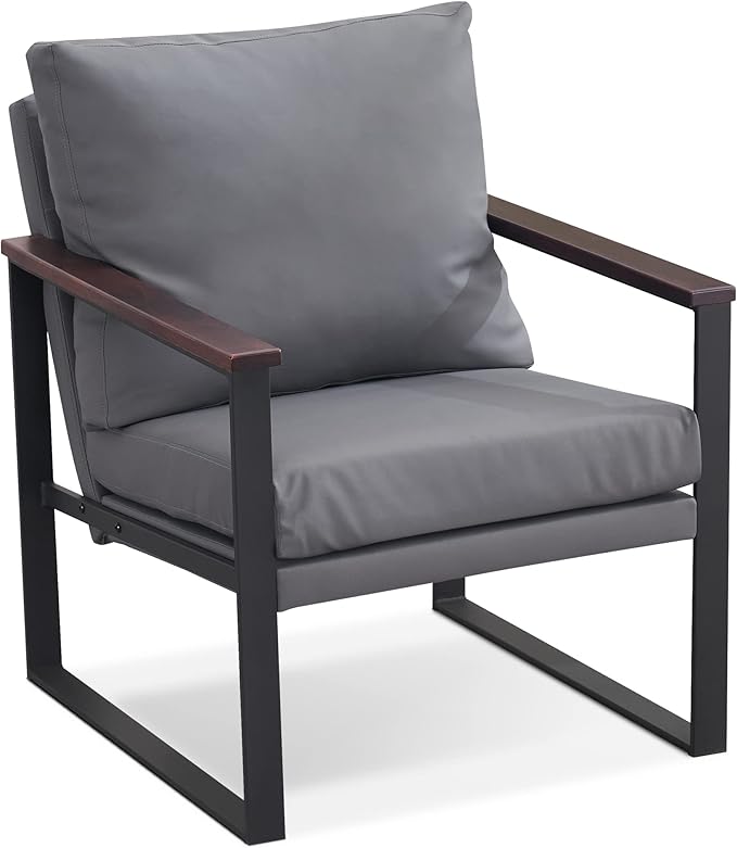 MCombo Modern Accent Chairs Faux Leather Upholstered Living Room Armchairs Waiting Room Guest Chair for Bedroom Office HQ304 (1 Grey)