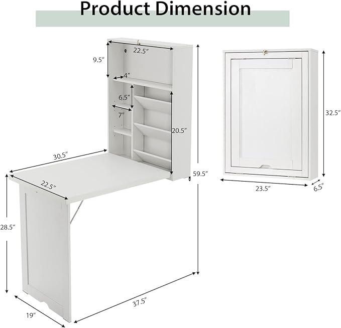 Wall Mounted Desk Wood Collapsible Floating Desk Convertible Computer Desk with Storage Area Hanging Fold Out Table for Home Office Small Spaces (White)