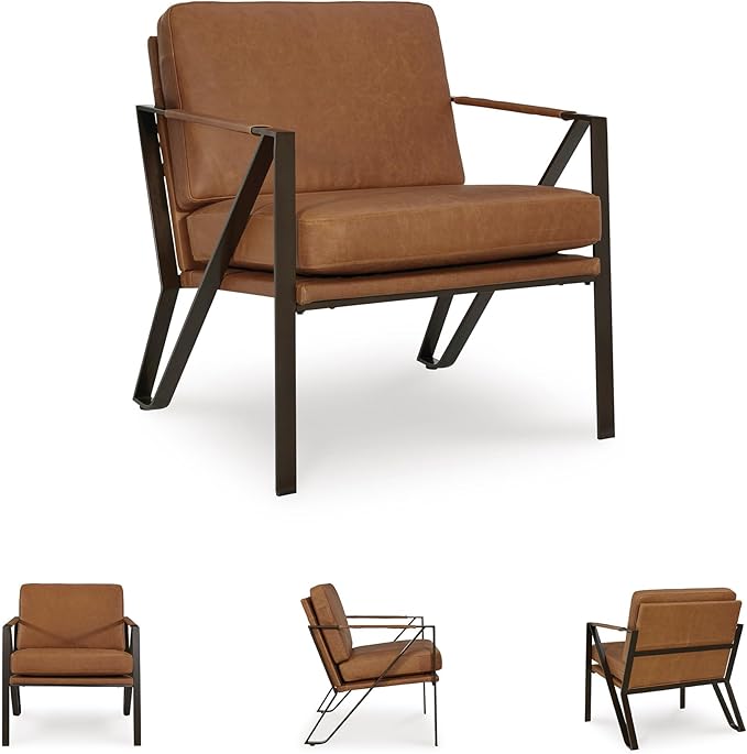 Signature Design by Ashley Garronmont Mid-Century Modern Leather Accent Chair with Metal Frame Light Brown &amp Metallic