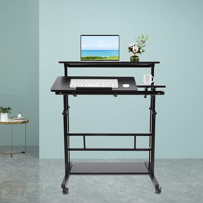 Mobile Stand Up Desk Adjustable Laptop Desk with Wheels Storage Rolling Table Cart for Standing or Sitting for Home Office Workstation Black 31.5 * 11.81