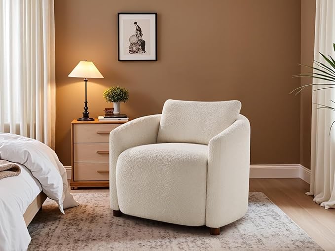 Boucle Accent Barrel Chair Set of 2 Cloud Reading Chair for Living Room &amp Bedroom Furry Sherpa Armchair with Cozy Soft Throw Pillow Back Comfy Upholstered Lounge Chair Modern Single Sofa Chair