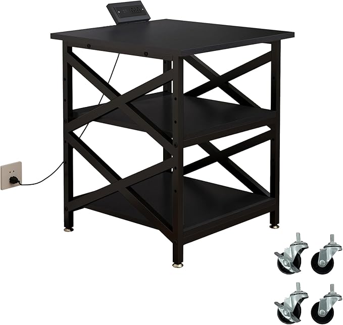 Large Printer Stand with Power Outlet with Height Adjustable Storage Shelf 3 Tier Rolling Printer Cart with Industrial Wheels 23.6 x 23.6 Inches Printer Table for Home OfficeBlack