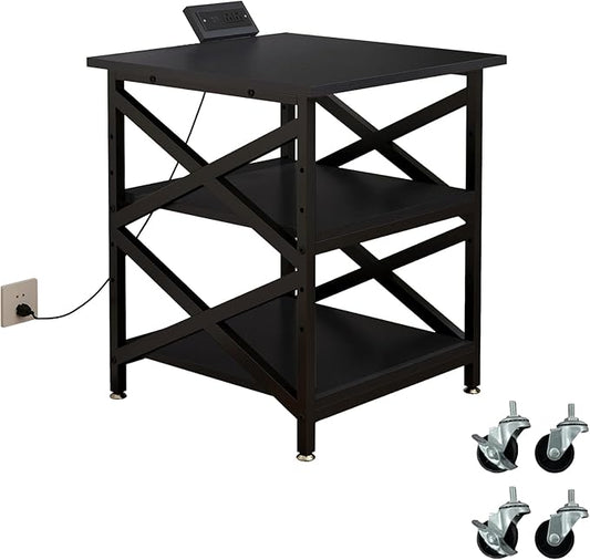 Large Printer Stand with Power Outlet with Height Adjustable Storage Shelf 3 Tier Rolling Printer Cart with Industrial Wheels 23.6 x 23.6 Inches Printer Table for Home OfficeBlack