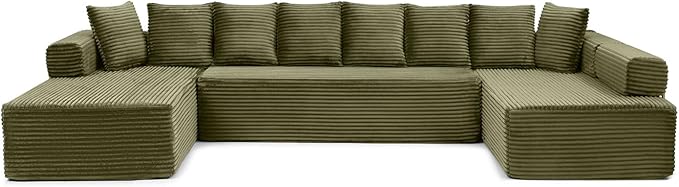 145 Oversized Cloud Boneless Sectional Sofa with Chaise Corduroy U Shaped Modular Couch with Deep Seat Fixed Frame Comfy Corner Sofa No Assembly Required (Green)