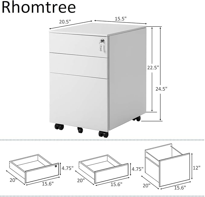 Rhomtree 3 Drawer File Cabinet Rolling Metal Filing Cabinet with Lock Mobile Pedestal Storage Fully Assembled Without Casters (White)