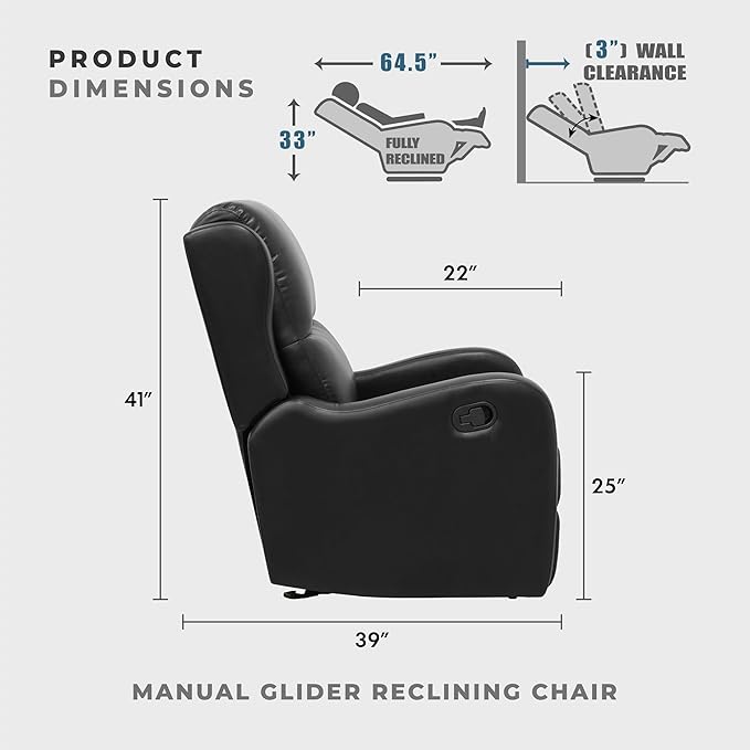 Lexicon Manual Glider Recliner Chair Reclining Sofa Chair Home Theater Seating Manual Glider Recliner for Living Room/Office/Apartment Easy Assembly Black Faux Leather