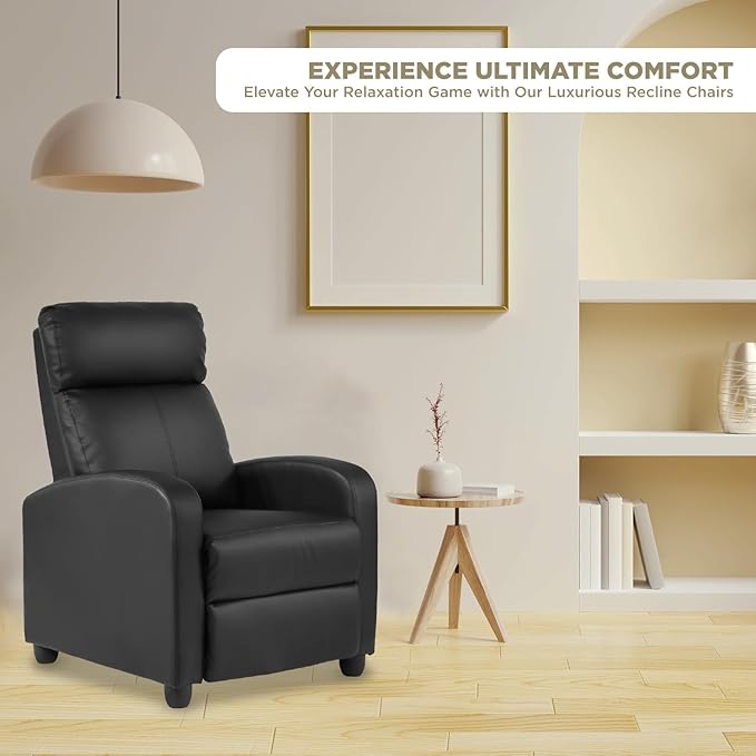 Recliner Chair for Adults Living Room Chairs Reading Chair with Pu Leather Padded Seat Backrest Modern Reclining Easy Lounge (Black)