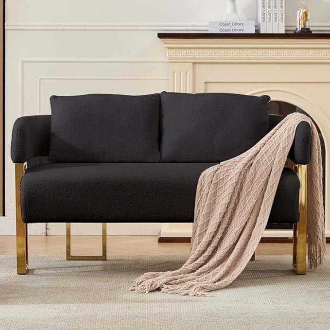 Teddy Fabric Accent Chair Modern Side Chair with Gold Metal Legs 51 Inch Wide Upholstered Loveseat for Living Room Dressing Area Office (Black+Gold)