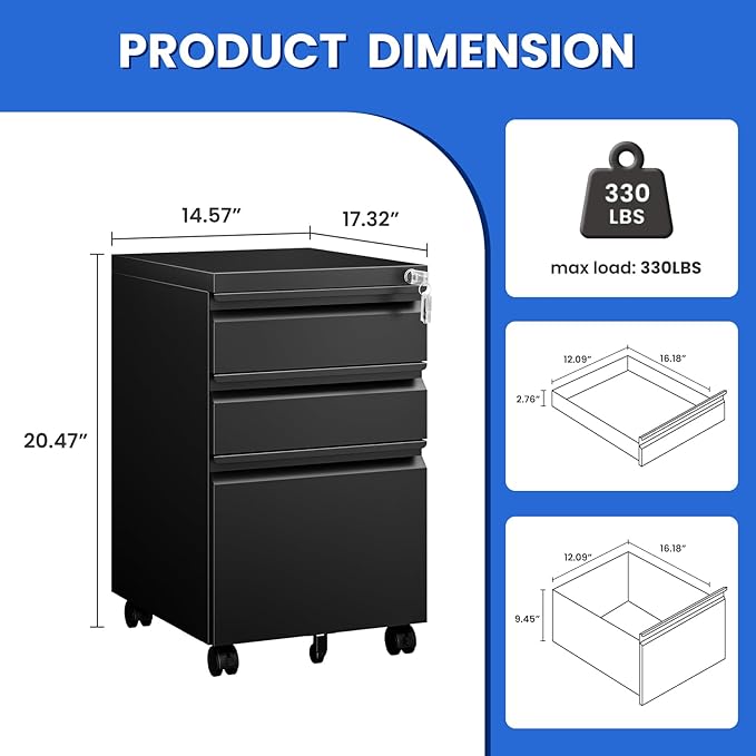MIIIKO File Cabinet 3 Drawers on Wheels Under Desk Black Metal Rolling File Cabinets with Lock for Home Office Un-Assembled Filing Cabinet with Lock