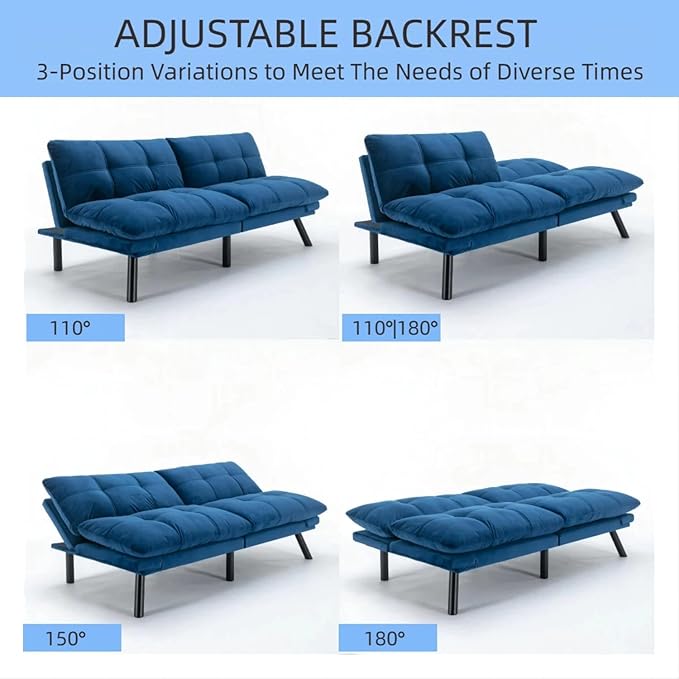 71-inch Microfiber Upholstered Futon Sofa Bed - 2 Seats Adjustable Arms/Back Iron Legs | Convertible to Sleeper for Main Living Spaces Bedrooms Offices (Navy Blue+2Seat)