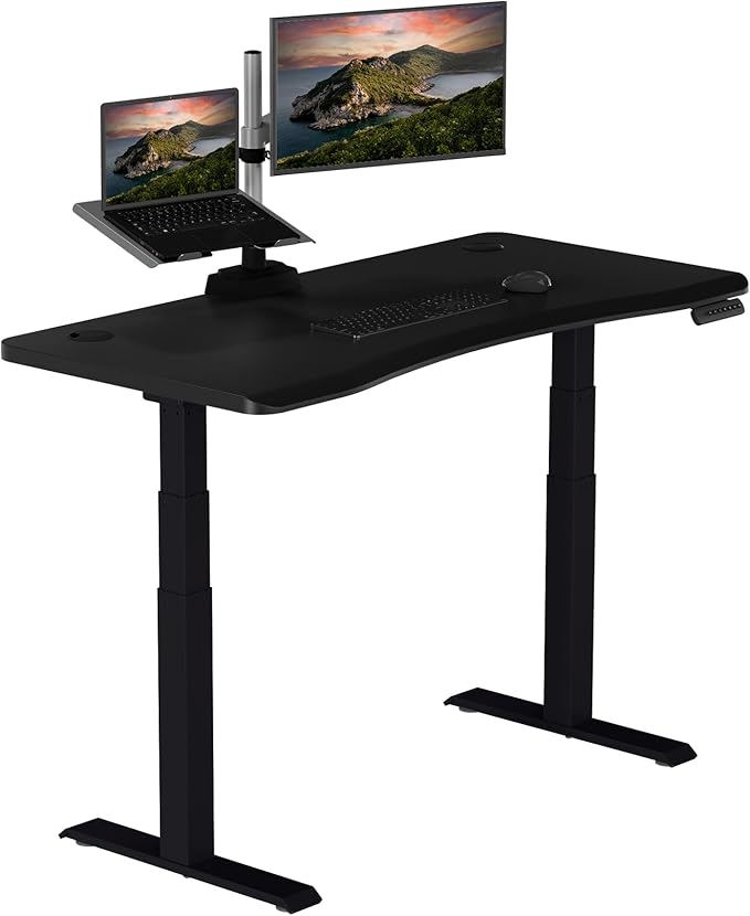 Vari Ergo 54x26 Electric Standing Desk + Height Adjustable Sit-Stand Desk + Curved Waterfall Edge 4 Memory Settings Quick Assembly Cable Management 200 lb Capacity – Black/Black Legs(2 Boxes)