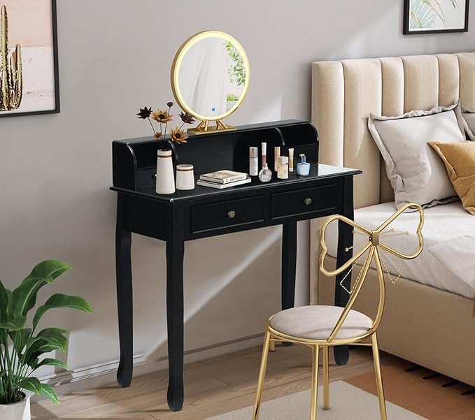Byroce Small Writing Desk with Removable Hutch 2-Tier Vanity Table with 4 Drawers 3 Cubbies &amp Pine Wood Legs Study Computer Desk for Bedroom Home Office (Black)