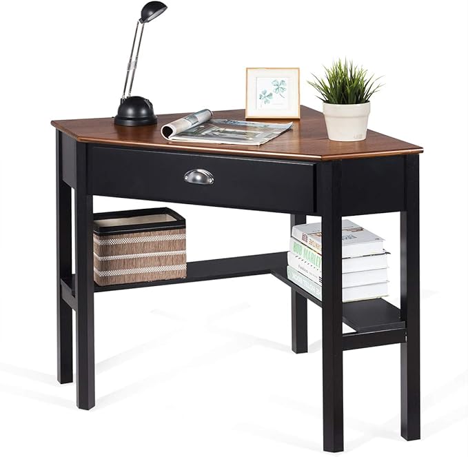 RELAX4LIFE Corner Computer Desk Triangle with Drawer and Shelves Stable Laptop PC Table Home Office Writing Desk Study Workstation Desk (Coffee)