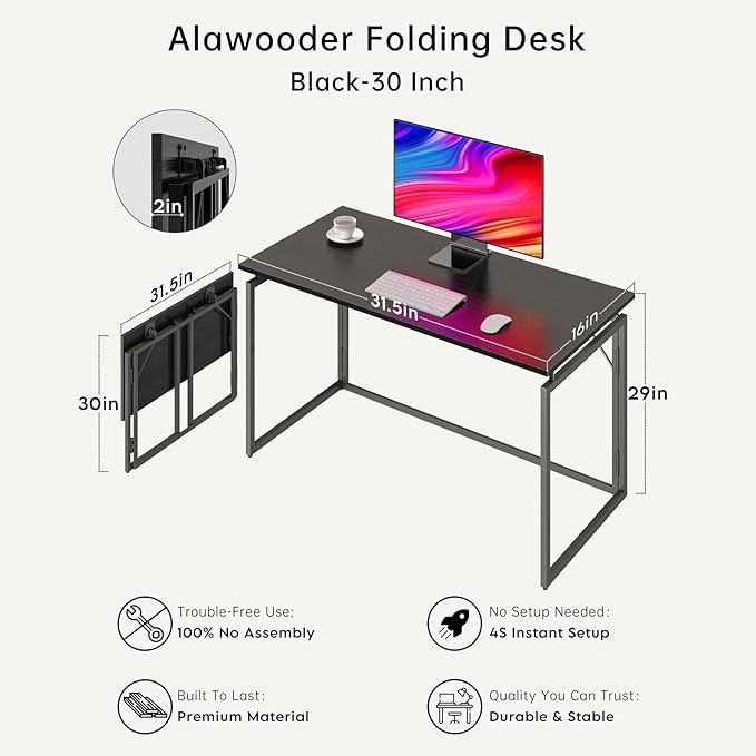 Folding Desk - 31.5 Wood Top Foldable Desk for Small Spaces | No Assembly Required Compact Desk for Home Office Writing and Study