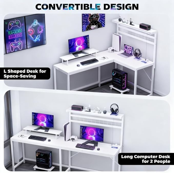 61.6'' L Shaped Gaming Desk with Power Outlets &amp LED Lights Reversible Computer Table with Monitor Stand and CPU Shelf Cornor Office Table PC Desk for Writing Study (White)