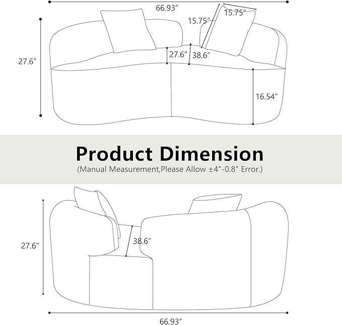 KEIKI 66.93 Cloud Sofa Curved Loveseat Sofa Teddy Velvet Compression Couch for Living Room Guest Bedroom No Assembly Required White