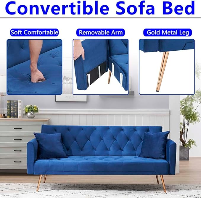 71 Convertible Folding Sleeper Sofa CouchModern Velvet Loveseat Sleeper with 2 Pillows Futon Sofa Bed with Mattress and Frame for Living RoomBedroomSmall Space (Blue)