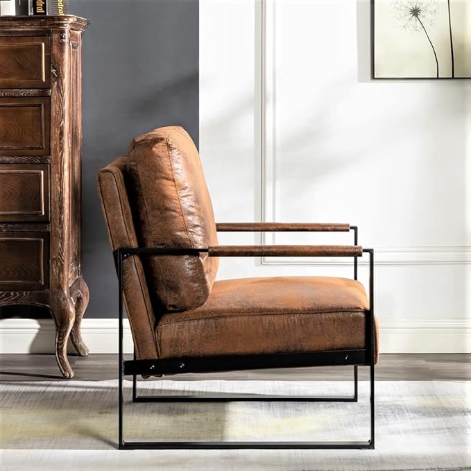 Container Furniture Classic Mid Century Modern Accent Chair with Durable Square Metal Frame Armchair for Living Room Bedroom Home Office in Spotted Microfiber Upholstery Light Brown