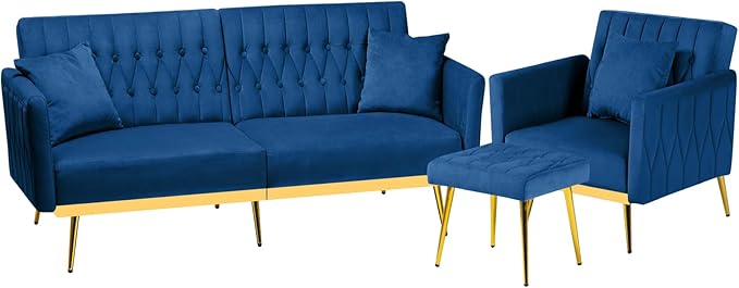 2 Pieces Velvet Futon Sofa Set with Adjustable Backrests and Armrests 70” Convertible Sofa Bed &amp Tufted Accent Chair with Ottoman for Living Room Blue