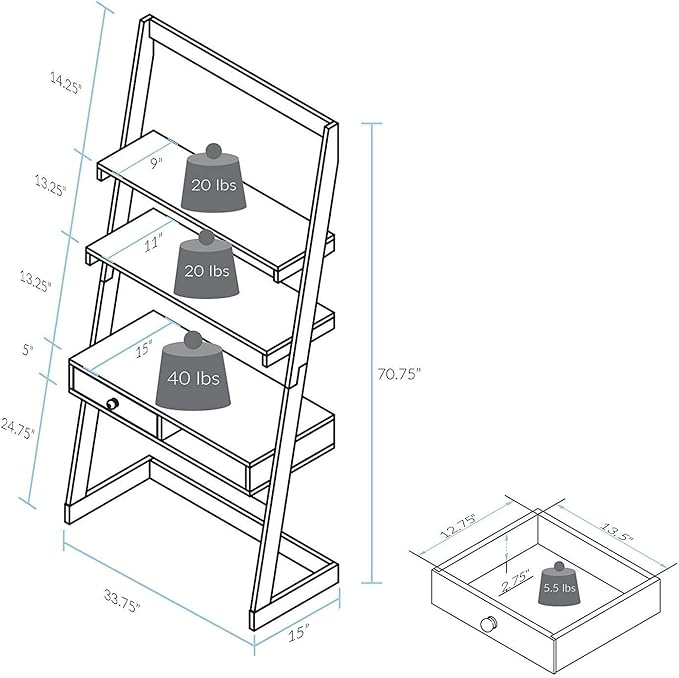 Ladder Desk with Drawer &amp Shelves - 31.5 Wide Solid Wood Frame