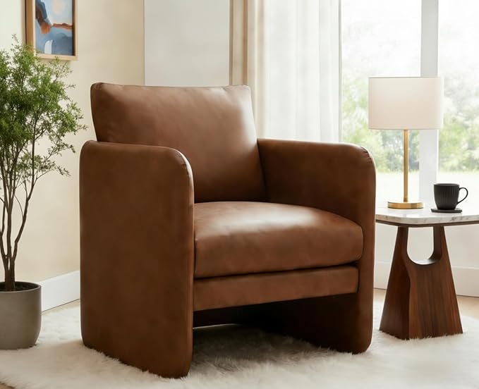 EALSON Leather Upholstered Modern Accent Chair Mid-Century Barrel Armchair with Padded Cushion Comfy Reading Chair for Living Room/Bedroom Brown