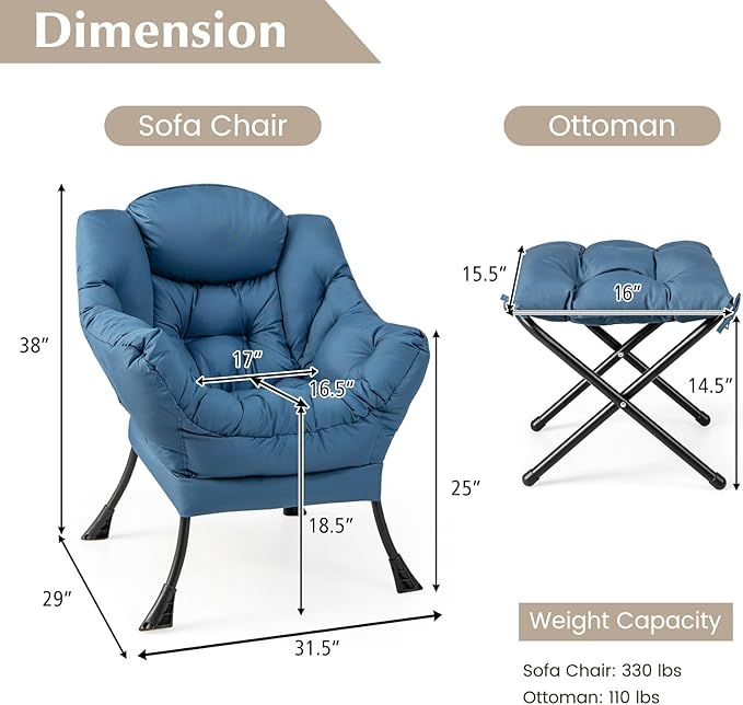 DORTALA Modern Lazy Chair with Ottoman Single Sofa Chair w/Side Pocket and Armrests Soft Upholstered Modern Leisure Chairs Set Suitable for Living Room Bedroom Navy