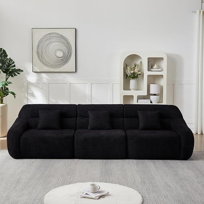 123 L-Shaped Corner Sectional Sofa with Curved Edge Modern Chenille Modular Cloud Couch High Back Oversized 4-Seater with 4 Pillows No Assembly Required Black