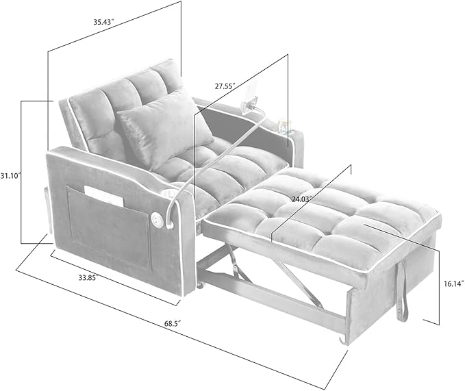 Convertible Chair Bed 3 in 1 Sofa Bed Chair with Adjustable Backrest &amp Cup Holder &amp Charging Station Small Space One Person Couch for Apartment Office Living Room Bedroom (Pink)