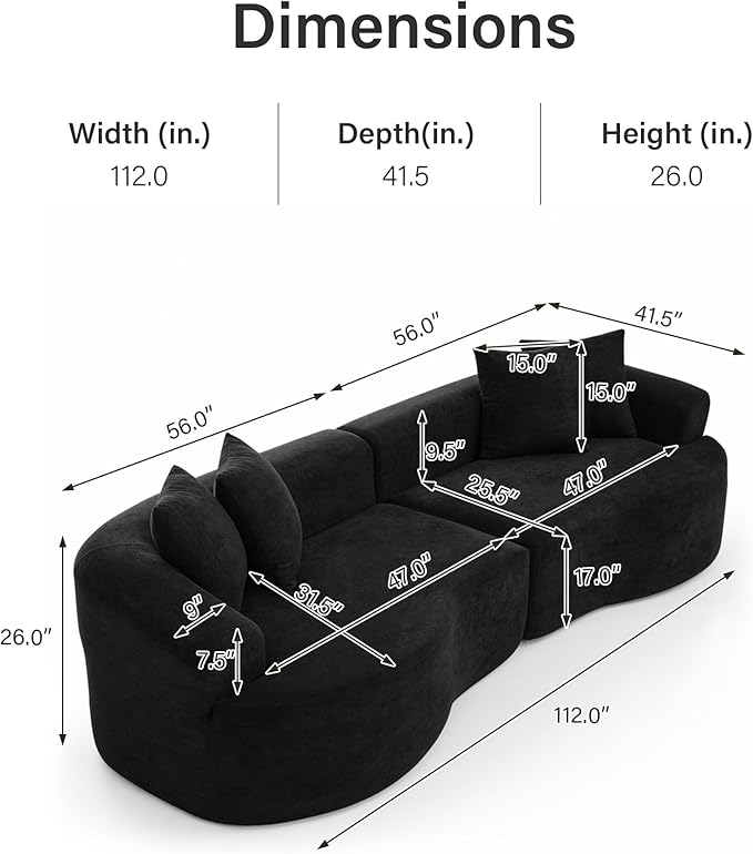 DEINPPA Oversized Modular Couch with 4 Pillows 4-Seater Curved Cloud Sofa Chenille Upholstered Comfy Couch for Living Room Apartment Office No Assembly Needed-Black