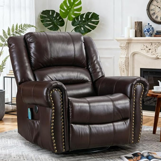 Swivel Rocker Recliner Chair with Heat and Vibration 360° Swivel Glider Rocker Manual Reclining Chair Massage Rocking Lounge Recliners with Side Pockets/USB Ports for Living Room Brown