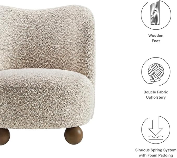 Pemberly Row Boucle Upholstered Accent Chair Coral Fabric Walnut Wood Feet Dense Foam Padding Sinuous Spring Support Low-Profile Barrel Design Mid-Century Style for Living Room or Bedroom