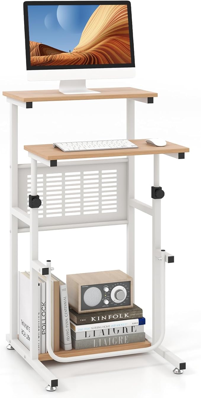 Tangkula Small Standing Desk Height Adjustable Teacher Podium Stand Compact Standing Table Lectern Podium Laptop Desk with Footrest Suitable for Sitting or Standing
