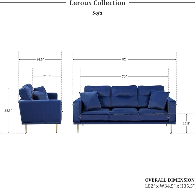Lexicon Velvet Sofa Couch Modern Couches Metal Seat Base Metal Legs with Gold-Tone Finish 82 inch Sofa with 2 Throw Pillows 3 Seater Couches for Living Room Bedroom Apartment Blue