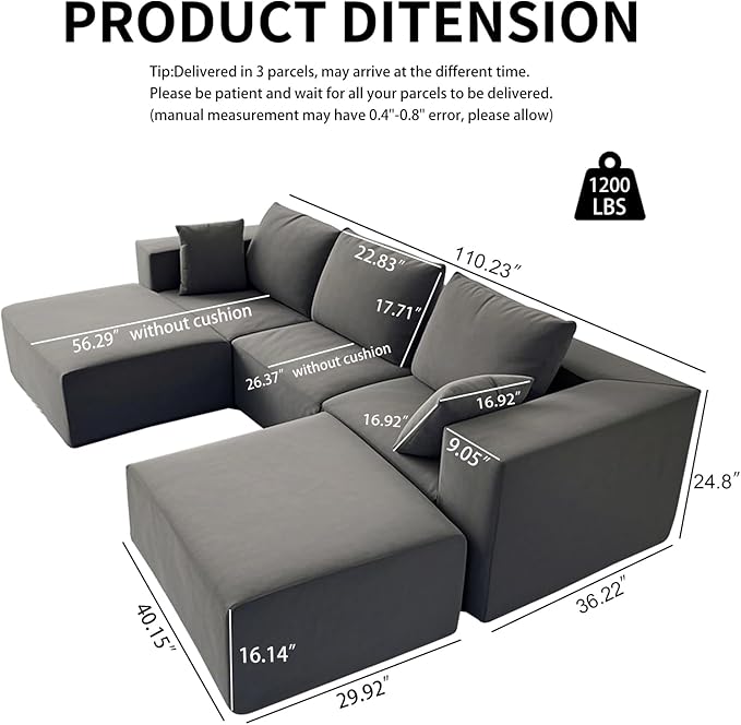 Cloud Sectional Couch 110 Inch Modern Modular Sectional U-Shaped Chenille Cloud Sofa with 2 Movable Ottomans Deep Seat Boneless Upholstered Couches for Living RoomNo Assembly RequiredGrey