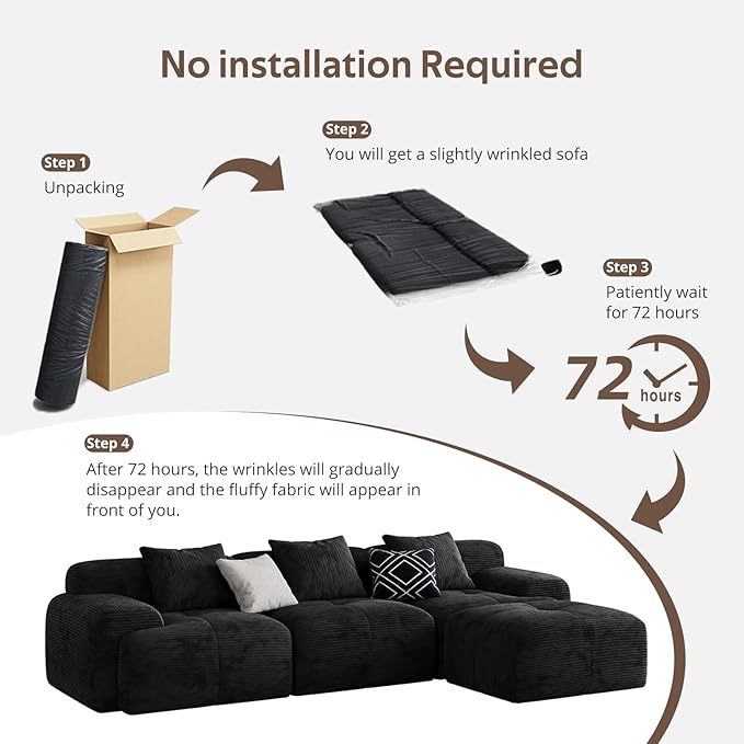Modern L-Shaped Modular Sectional Sofa for Living RoomOversized 3-Seater Couch with Deep Seat and Movable Ottoman – No AssemblyComfortable Corduroy Fabric Boneless Sofa(Dark Gray) (Black)