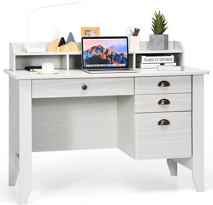 Tangkula White Desk with 4 Storage Drawers &amp Hutch Home Office Computer Vintage Desk Writing Study Table with Storage Shelves Wooden Executive Desk (White)
