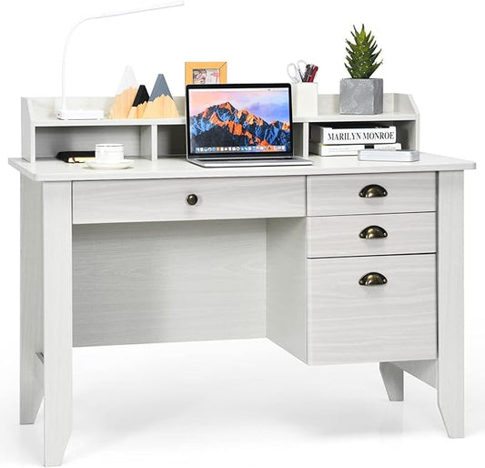 Tangkula White Desk with 4 Storage Drawers &amp Hutch Home Office Computer Vintage Desk Writing Study Table with Storage Shelves Wooden Executive Desk (White)