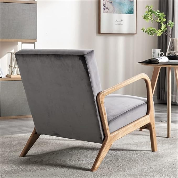 Classic Mid Century Modern Accent Chairs for Living Room or Bedroom Espresso Open ed Armchair with Plush Cushioning and Velvet Fabric Gray