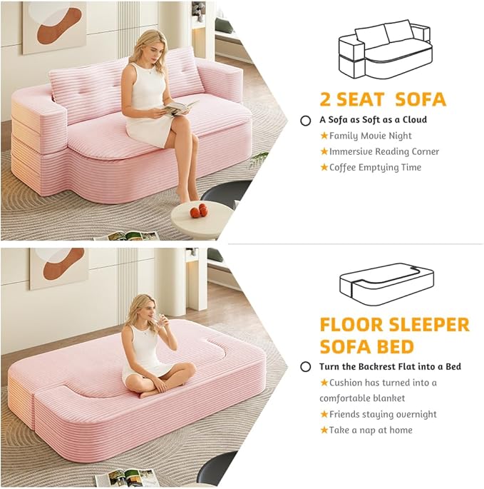 78.7 Floor Foam Sleeper Sofa Bed Folding Futon Couch Bed Corduroy Compression Loveseat Sofa Foldable Full Size Couch with 2 Pillows for Living Room Bedroom ApartmentPink