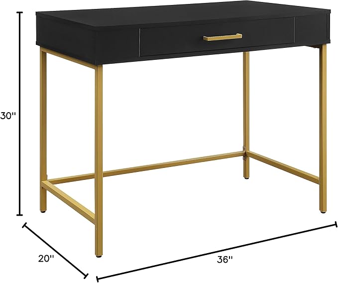 OSP Home Furnishings Modern Life Contemporary Writing Desk with Large Drawer and Gold Metal Legs Black Finish