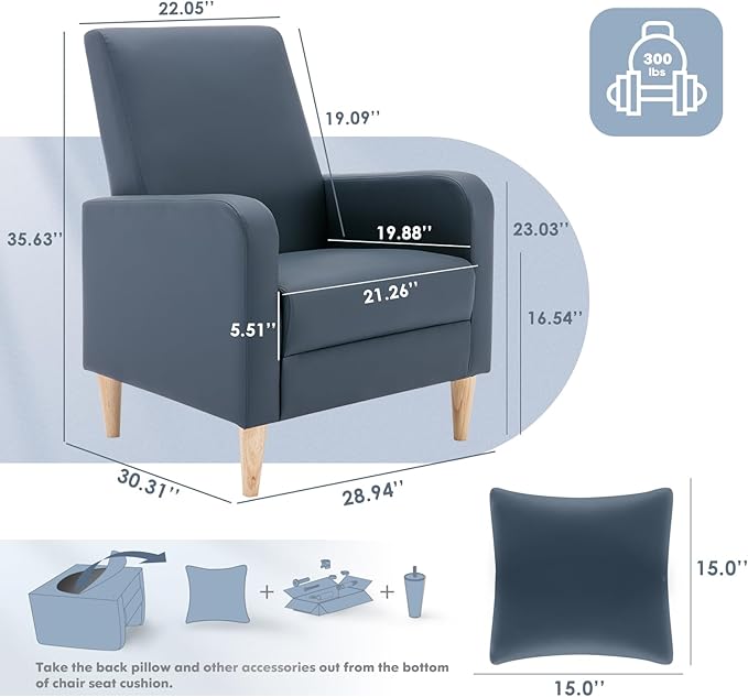 COLAMY Faux Leather Accent Living Room Chairs Set of 2 Upholstered Arm Chair Reading Side Chair Single Sofa with Back Pillow and Wood Legs L-Blue