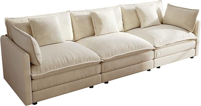 111.5 Sofa Modular Sectional Cloud Couch 3-Seat Chenille Deep Seat Sofa with Pillow for Living Room Bedroom and Apartment Light Coffee
