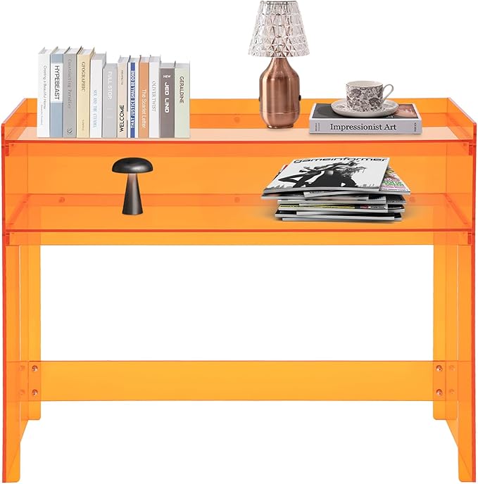 Acrylic Console Table 39.4×11.8×31.5in Laptop Workstation Study Table Modern Home Office Acrylic Console Desk for Living Room Office Entryway Hallway (Orange)