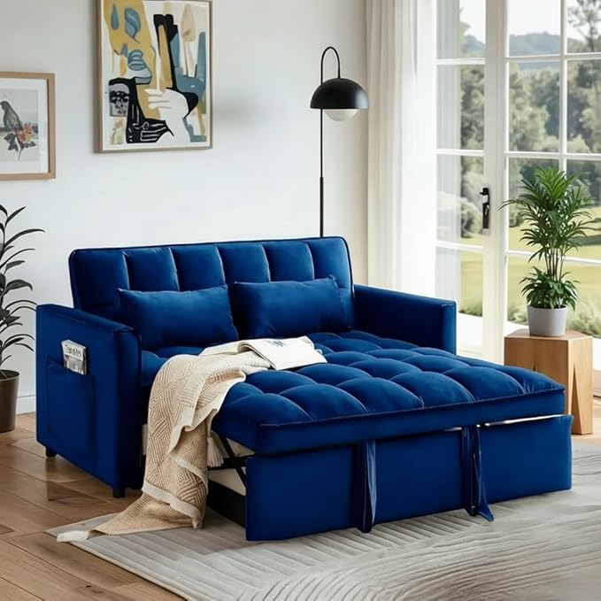 3 in 1 Convertible Sofa Bed Love Seat Sleeper Bed with Side Pockets Velvet Fabric Pull Out Couch with Adjustable Backrest for Living Room Bedroom Apartment Blue