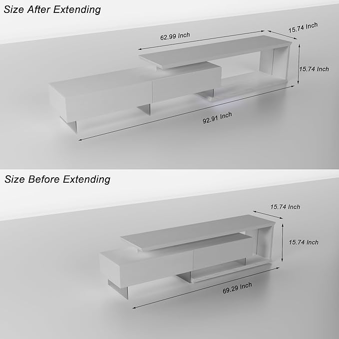 Extendable TV Stand for 65 75 85 Inch TV Relief Surface Entertainment Center with Light String Equipped with Two Pull-Down Door 60 70 80 90 Inch TV Console TV Table for Living Room White